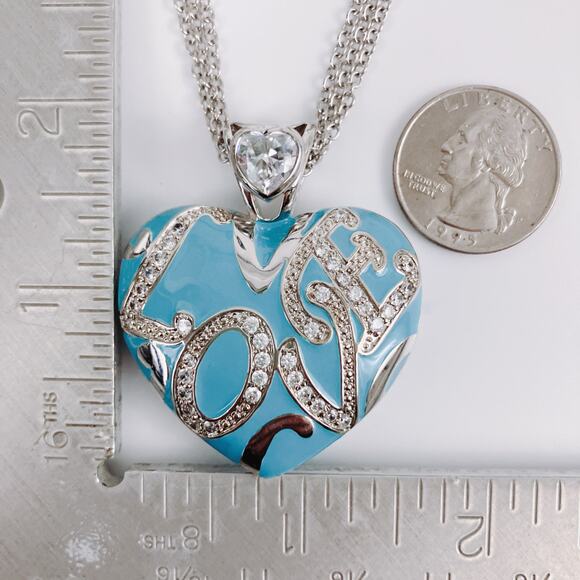 PJM Blue Enamel Heart Love Pendant Necklace CZ/Crystal Rhinestones Reversible - Picture 10 of 13